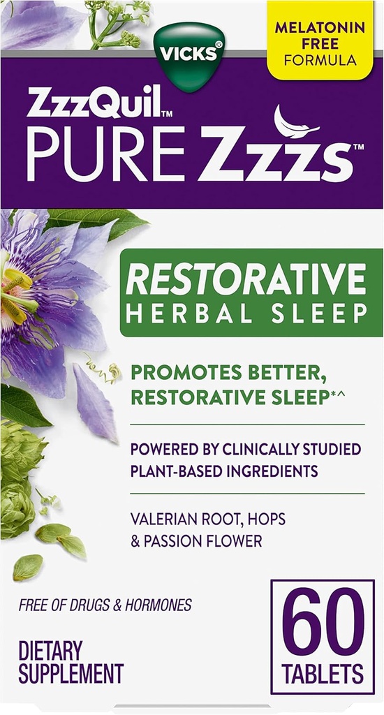 ZzzQuil PURE Zzzsの回復草の睡眠、タブレット、薬物およびホルモン、Melatoninなしの方式、Valerianの根、ホップ、情熱の花、大人のための睡眠の援助、60の計算