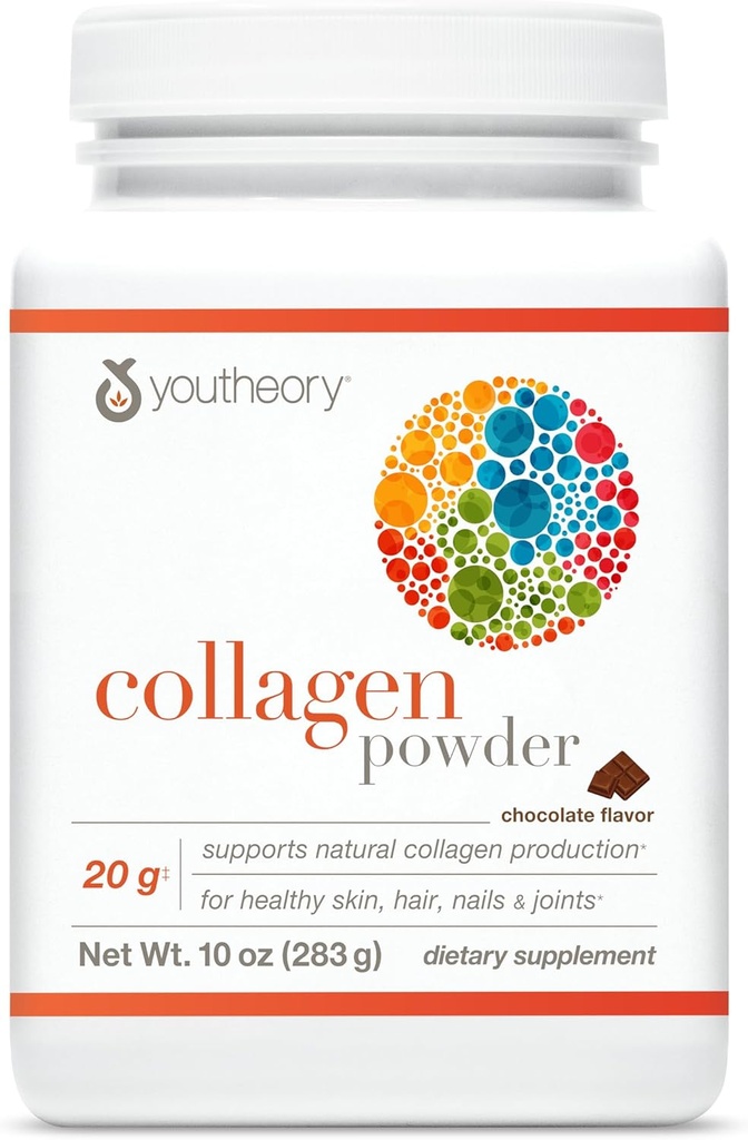 Youtheory Collagen Powder - with Amino Acids, Minerals, Vitamin C & B7 (Biotin) - Supports Healthy Bones, Muscles, Hair, Nails, Skin & Joints* - Hydrolyzed - Chocolate - 10 oz (12 Servings)