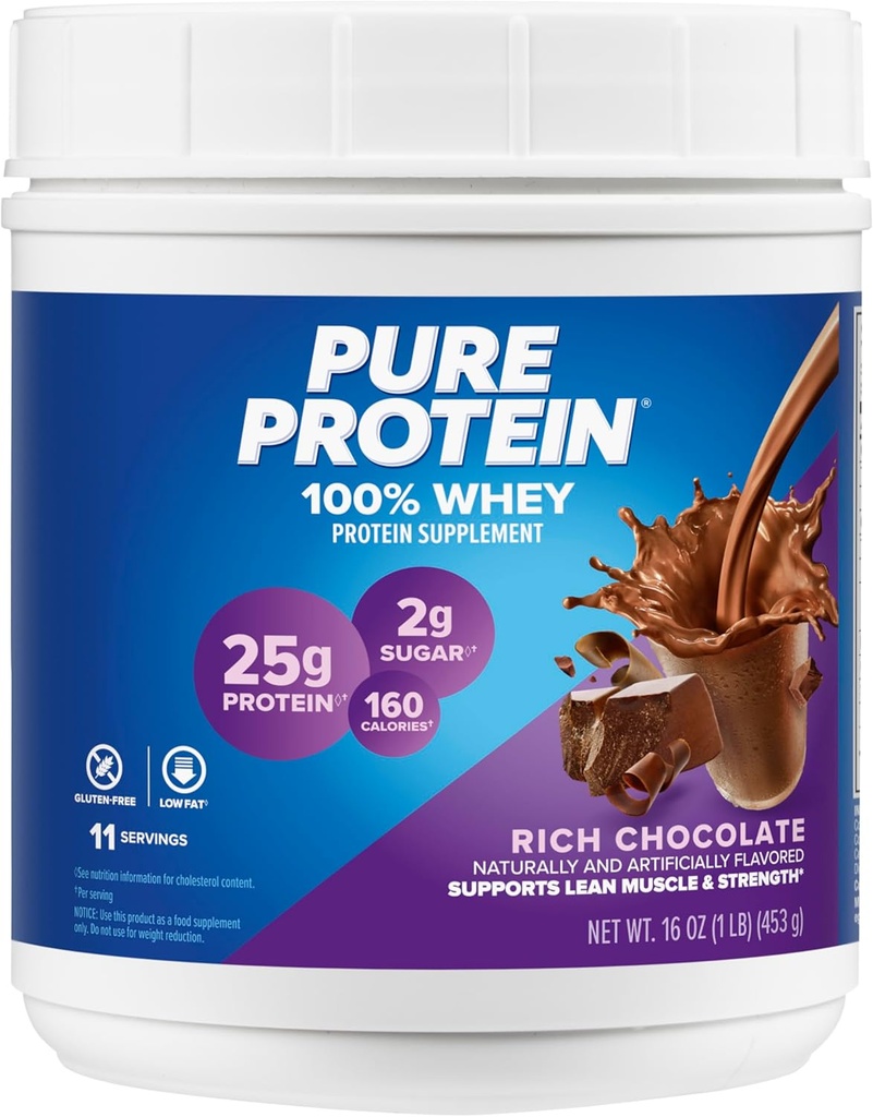 Pure Protein Powder, Whey, High Protein, Low Sugar, Gluten Free, Rich Chocolate, 1 lb