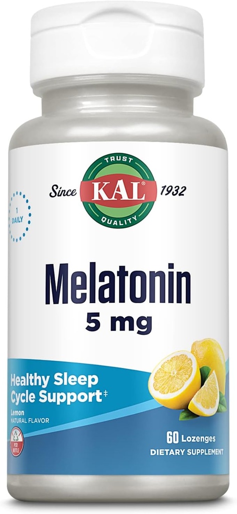 KALのMelatonin 5mgの睡眠の援助のロゼンジ、Melatoninの補足は睡眠の質、Calmingの弛緩および健康な睡眠周期を、加えられたビタミンB6、ベジタリアン、自然なレモン味、60のロゼンジを支えます