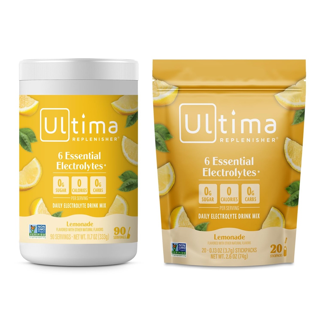 Ultima Replenisher Electrolyte Powder Drink Mix Bundle – Sugar Free – Lemonade, 90 Serving Canister and 20 Stickpacks – 6 Electrolytes and Minerals – Keto Friendly, Vegan, Non-GMO