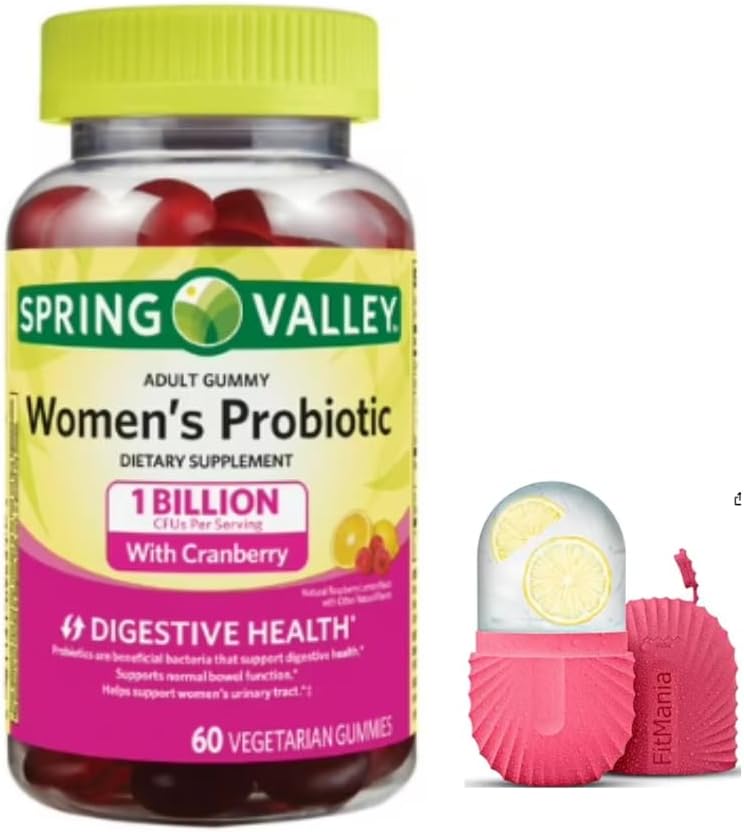 FitMania Spring Valley Women's Cranberry Probiotic Supplement Spring Valley ベジタリアン・グミー、ラズベリー・レモン、60カウント、ギフトアイスローラー for Face