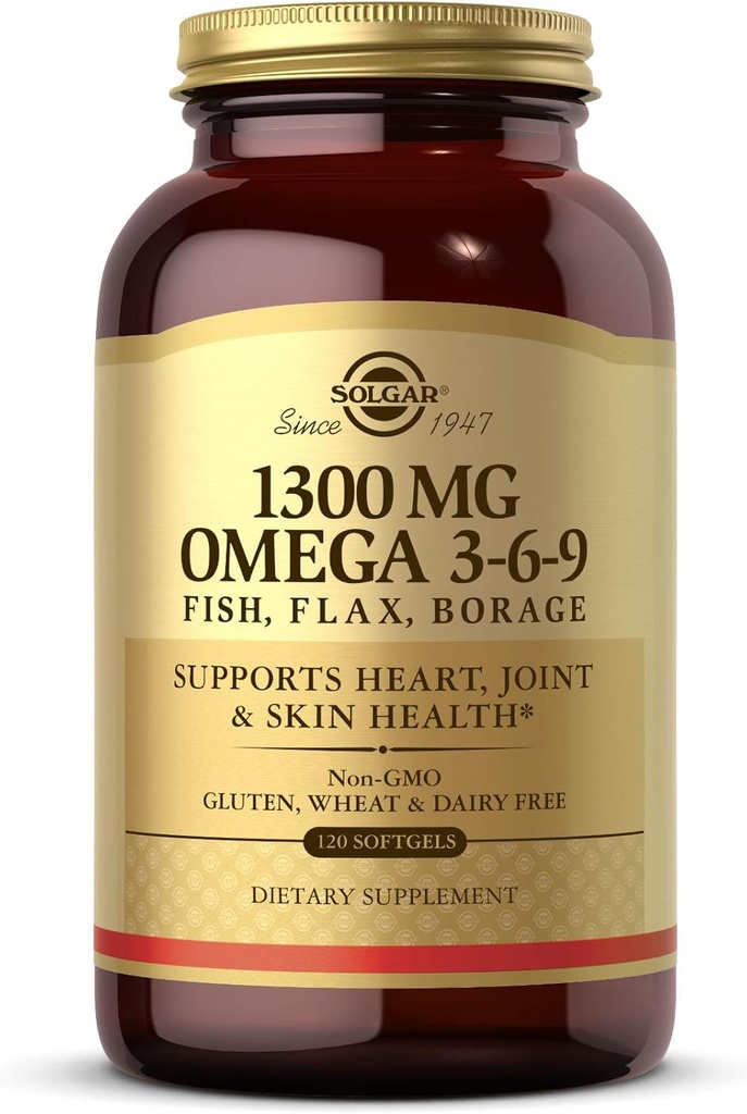 Solgar 1300 mg Omega 3-6-9、120 Softgels - 魚油サプリメント - 関節と皮膚の健康のためのサポート - フラックスシード&ボラージュが含まれています - EPA&DHAオメガ3脂肪酸 - 40の給餌
