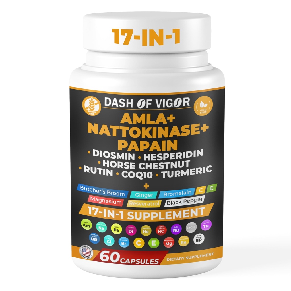 Vigor Amla Extract、Nattokinase、Papain、Diosmin、Hesperidin、Buchers Broom、馬の栗、CoQ10、ターメリック、ビタミンC、Rutinのダッシュ - 60カプセル