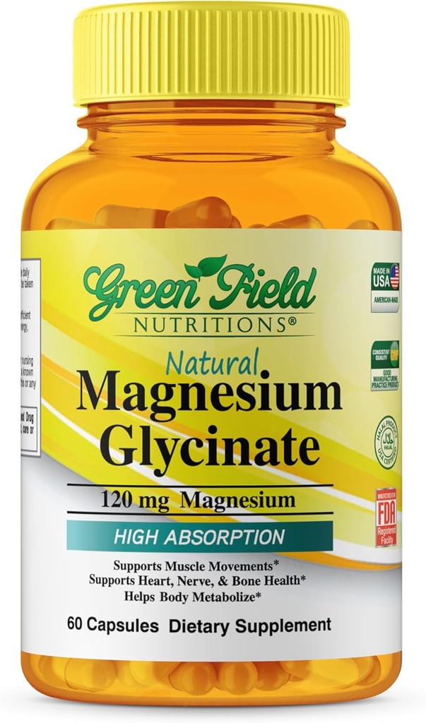 Greenfieldの栄養物のハラールのマグネシウムのGlycinate 120mg (60のカプセル) -グルテンフリーの純粋なマグネシウムの補足 - ハラールのビタミンはNerve、中心、骨および筋肉動きを支えます