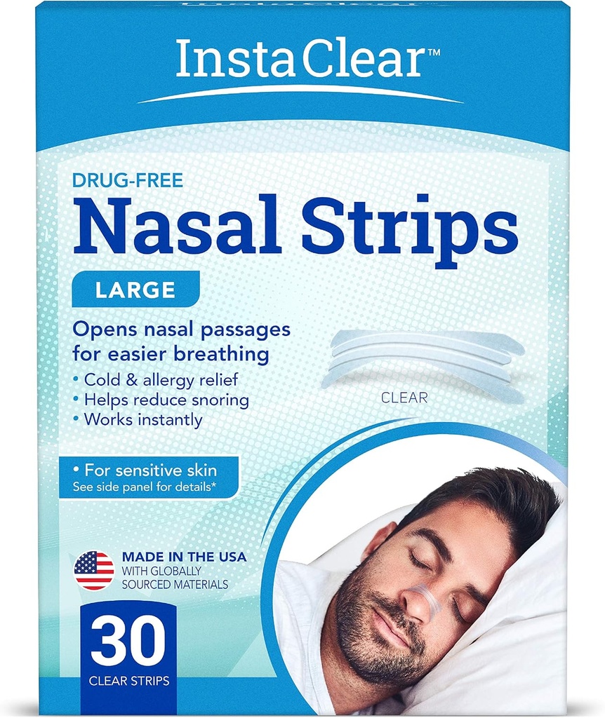 鼻呼吸ストリップ, クリア大型 30 ct | インスタントワークス, 鼻の混雑救助, いびきを停止します。, 風邪 & アレルギー