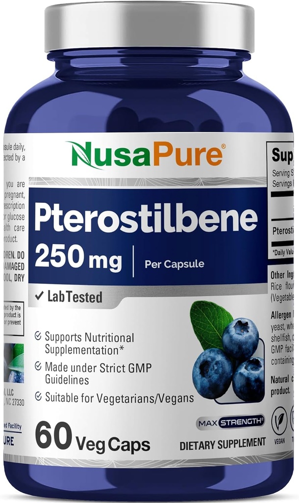 NusaPure Pterostilbene 250mg/ベジーキャップ、60カウント(非GMO、ビーガン)
