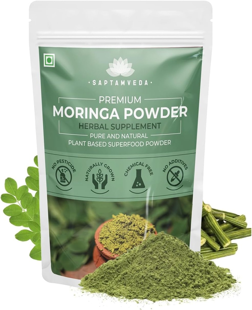 SAPTAMVEDA プレミアム モリンガリーフパウダー 8.81 Oz/250 Gm | ドラムスティックリーフパウダー | ナチュラルマルチビタミン | 抗酸化剤、免疫ブースターが豊富 | インド農場の髪と皮膚に適している