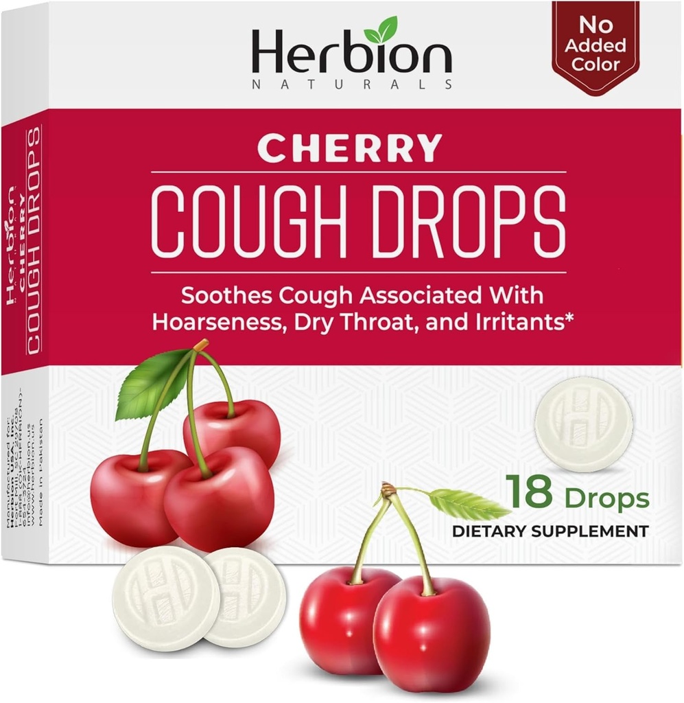 HERBION Naturals Cough Drops, Dietary Supplement, Soothes Cough, for Adults and Children Over 6 Years, No Artificial Flavor, No Added Color (18 Count (Pack of 1), Cherry)