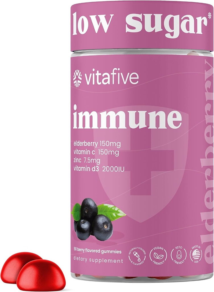 vitafive Elderberry Gummies - 大人のための低糖免疫サポート - ビタミンCと亜鉛クエン酸塩 - ビーガン、アレルゲンフリー(50 Ct)