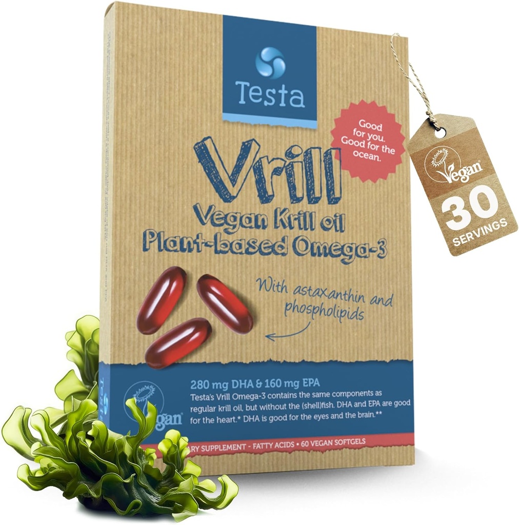 Testa Omega 3 ビーガン Krill Supplement-1000mg Softgels, 2 回 もっと Omega-3, DHA, EPA, アスタキサンチン, フォリピッド - 心臓, 脳, 目, 共同サポート - 魚からではなく, 藻類のソース - 60 Softgels