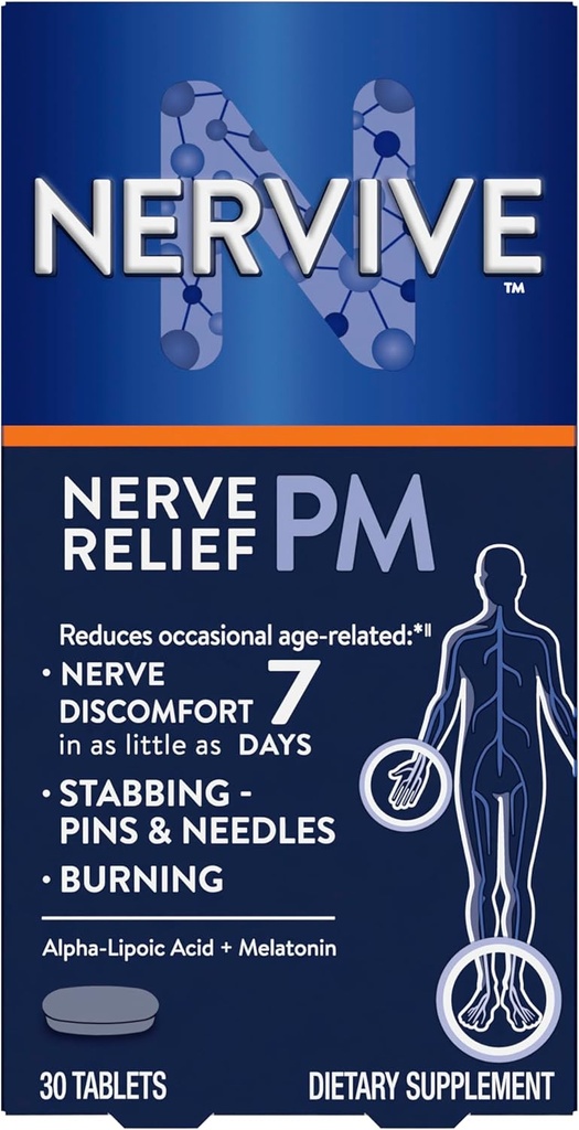 Nervive Nerve Relief PM, Occasional Nerve Discomfort II, Sleep Aid, Starts Working in 7 Days, Stabbing, Burning, Alpha Lipoic Acid, Melatonin, B Vitamins, Turmeric, Ginger, Nervive Supplement, 30 ct