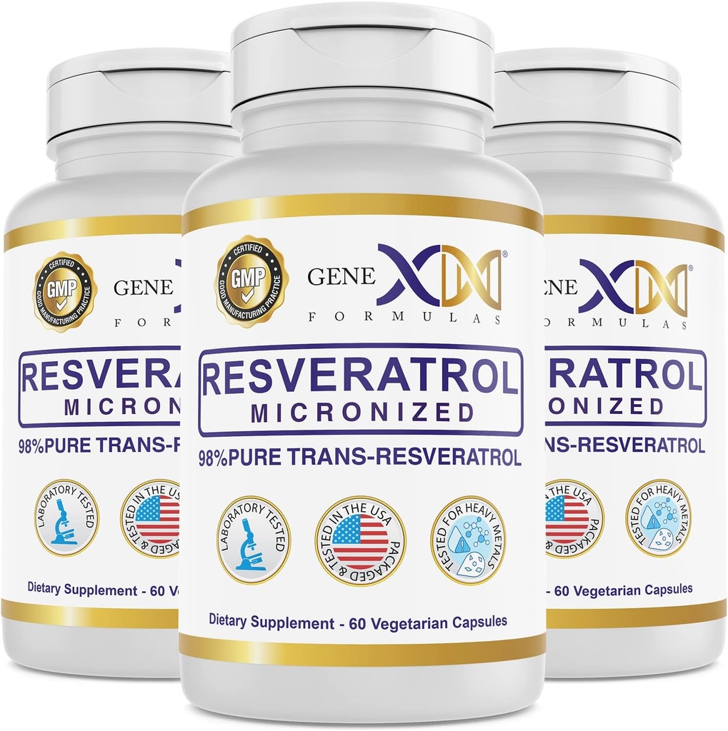 Genex Formulas 98% Pure Trans-Resveratrol with BioPerine® for Absorption (3 Pack) Micronized, Lab-Tested, Fully Stabilized Resveratrol 600mg - 180X Trans-Resveratrol Capsules for Healthy Aging