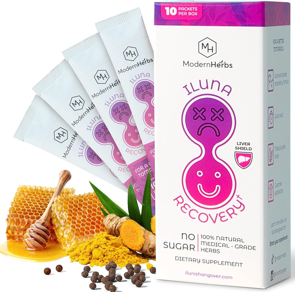 ILUNA Recovery Fast-Acting Herbal Hangoverリリーフ - Detoxハーブ&ナチュラルペブルを備えたプレミアムミルクアッスル - 肝臓サポート&炎症バランス - 最大強度(10 Pk)