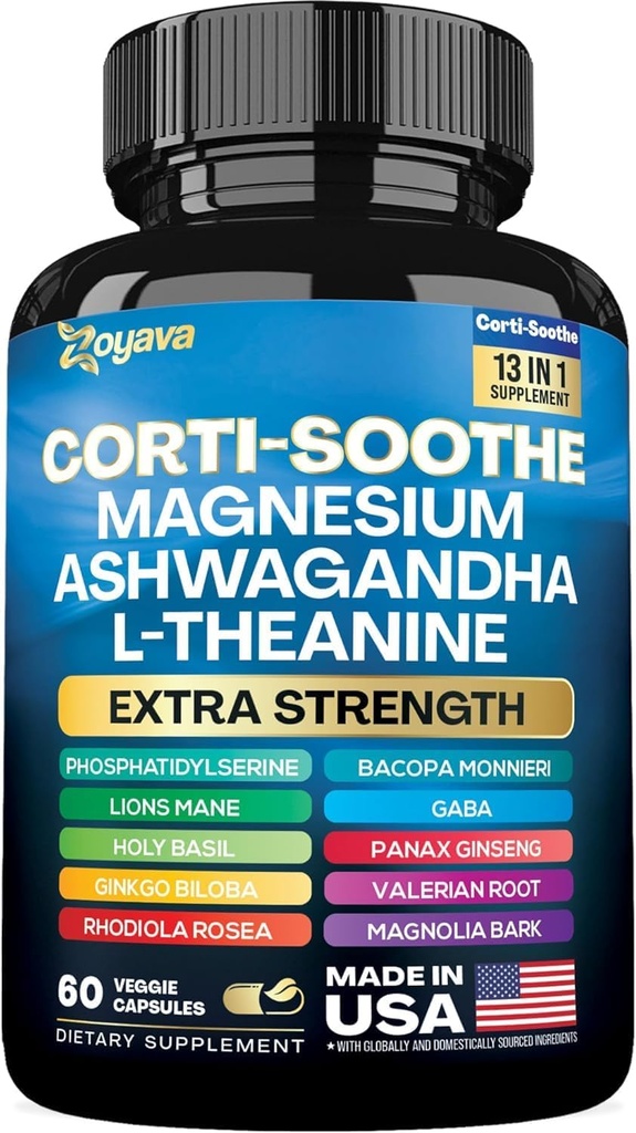 Zoyava Corti-SootheのCortisolの補足のマグネシウムのGlycinate 200mg L-Theanine 150mgのAshwagandha 150mgのPhosphatidylserineのCortisolのマネージャーのライオンのManeのGinkgoのBilobaのBacopa MonnieriのValerianの根60の帽子