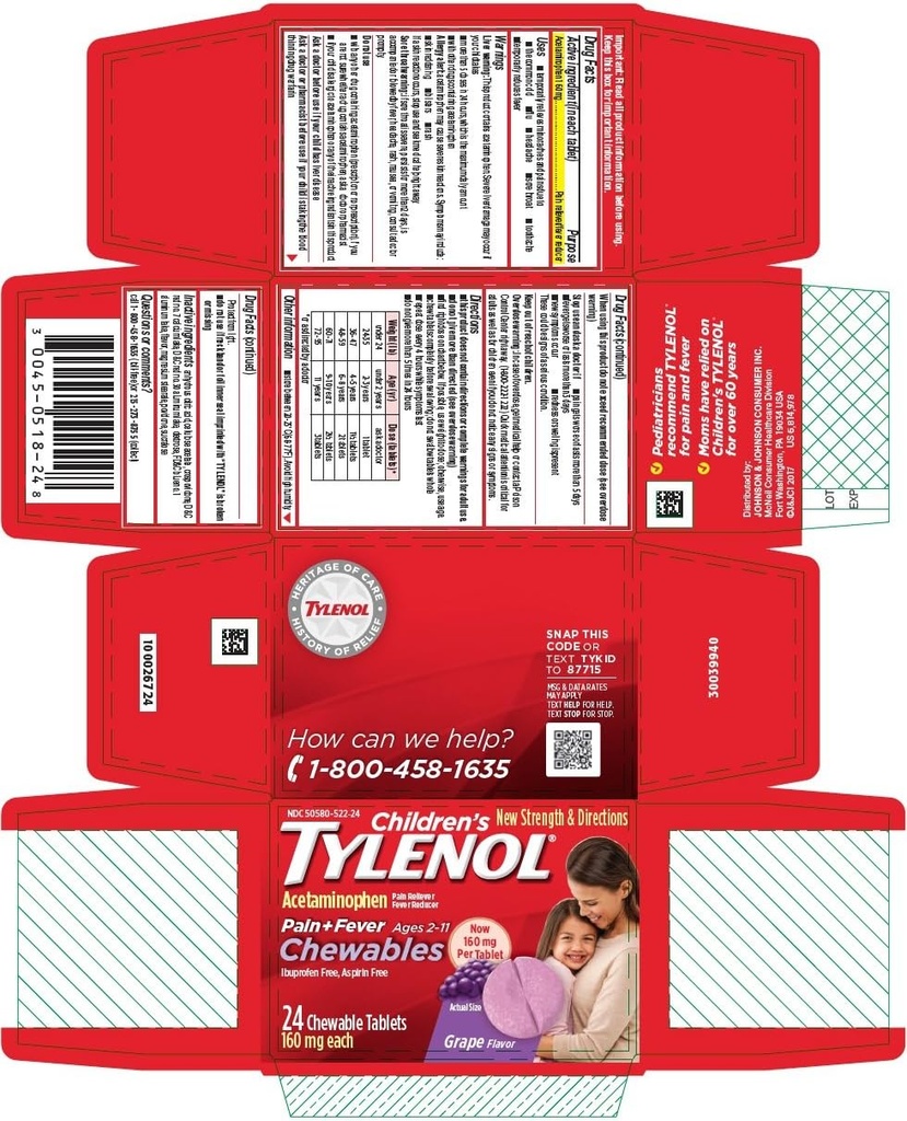Tylenolの子供の苦痛+熱心なChewableタブレットのブドウの味- 24のctのパック4