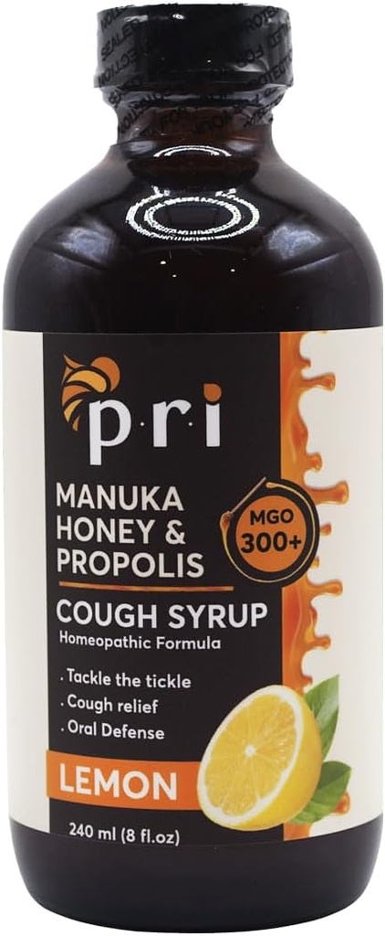 P.R.I Natural Dry Cough Syrup with Manuka Honey, Propolis, Tea Tree Oil and Vitamin C - Sore Throat & Immune Support, Lemon Flavor, 8oz