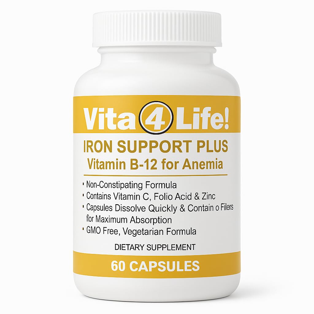 Vita4Life!®アイアンサポートプラス - ビタミンC、B-12、葉酸&亜鉛付き40mg鉄 - 60カプセル - 赤い血球サポート&エネルギーのための非便秘式 - ベジタリアン&GMOフリー