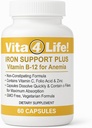 Vita4Life!® Iron Support Plus - 40mg Iron with Vitamin C, B-12, Folic Acid & Zinc - 60 Capsules - Non-Constipating Formula for Red Blood Cell Support & Energy - Vegetarian & GMO-Free