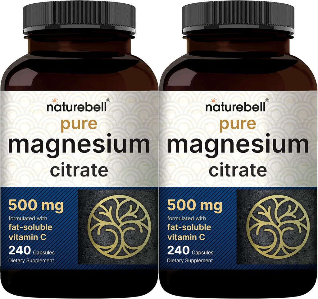 NatureBell 2パックマグネシウムクエン酸塩500mg、480カプセル  脂肪溶性ビタミンCで2イン-1 | 純粋な元素形態 | フィラーフリー、非GMO、グルテンなし