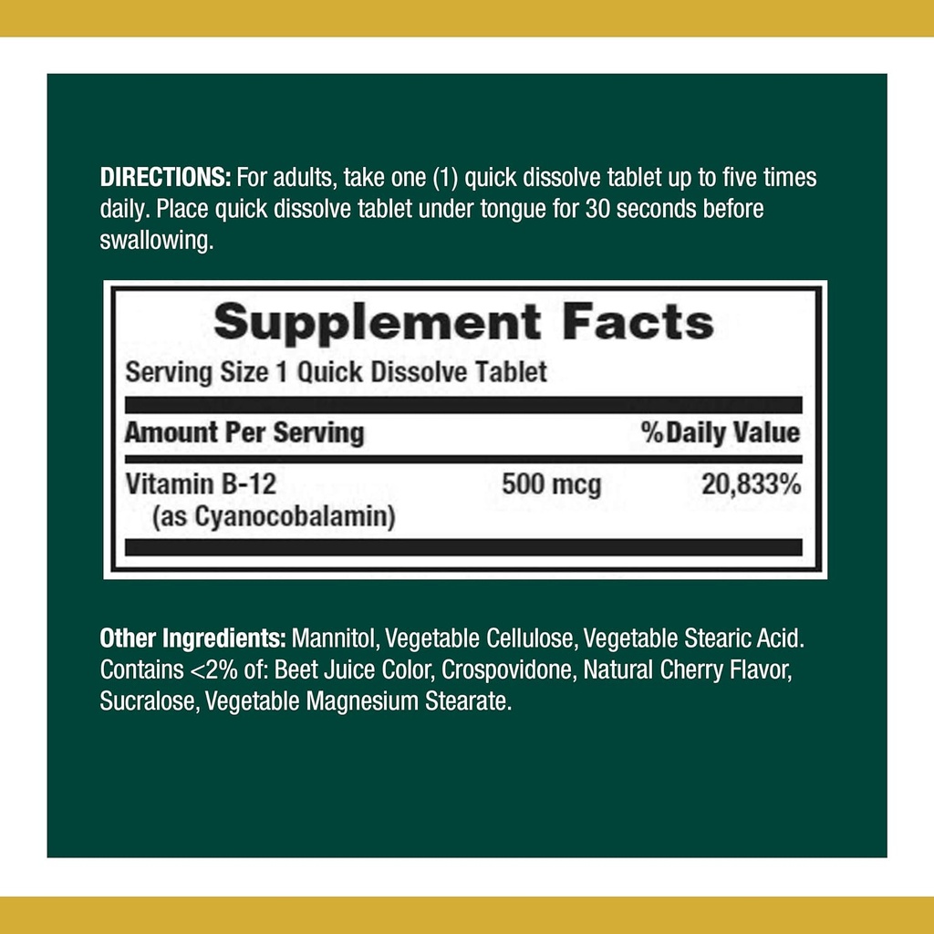 Nature's Bounty Vitamin B12、エネルギー代謝と神経系の健康、500mcg、100クイック分解タブレット(パッケージ2)