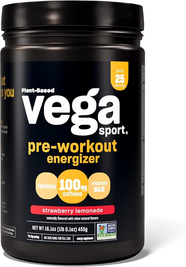 Vega Sport Pre-Workout Energizer, Strawberry Lemonade - Pre Workout Powder for Women & Men, Supports Energy and Focus, Electrolytes, Vegan, Keto, Gluten Free, Non GMO, 1.1 lbs