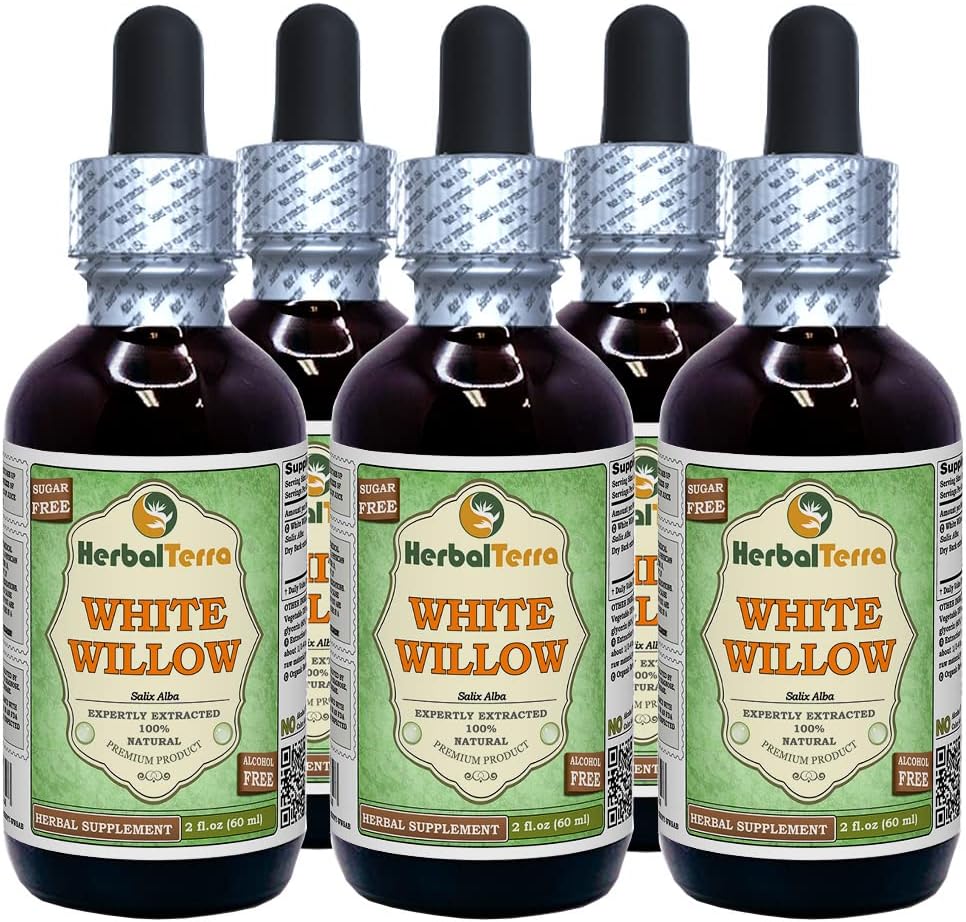 White Willow (Salix Alba) Glycerite, Organic Dried Bark Alcohol-FREE Liquid Extract (Brand name: HerbalTerra, Proudly made in USA) 5x2 fl.oz (5x60 ml)