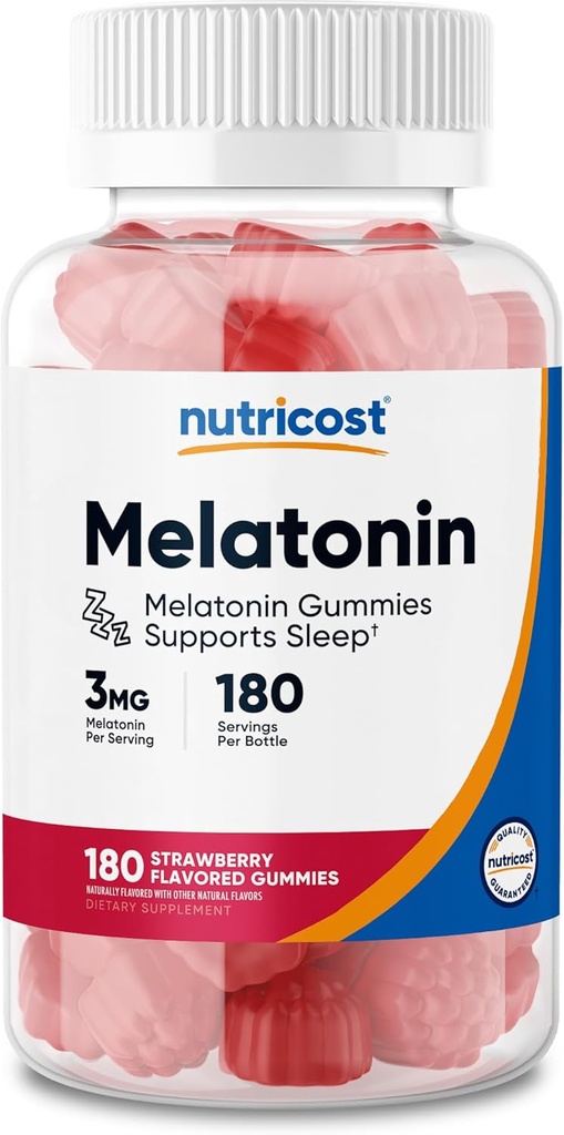 Nutricost Melatonin 3mg、180グミー、イチゴ風味 - グルテンフリー、非GMO、トウモロコシシロップなし