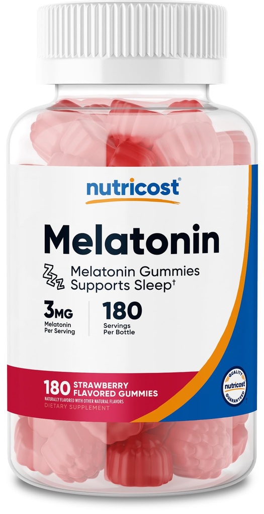 Nutricost Melatonin 3mg、180グミー、イチゴ風味 - グルテンフリー、非GMO、トウモロコシシロップなし