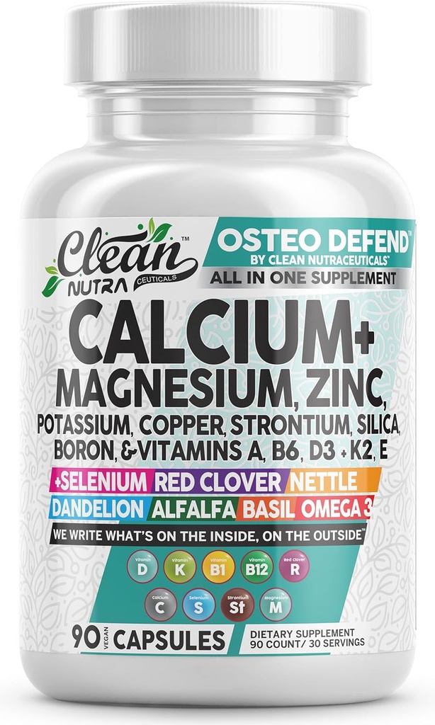 Allin1 Calcium Magnesium Zinc Supplement with Potassium, Copper, Strontium, Silica, Vitamin D3 K2, Boron, Vitamin B1 B12 Red Clover Herb Alfalfa Basil Pills for Men & Women Clean Nutra Osteo Defend