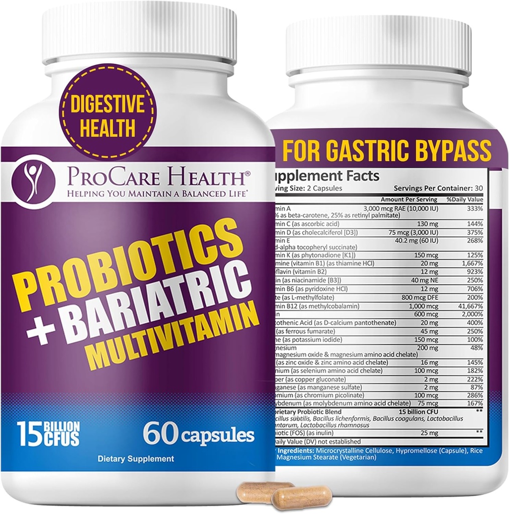 アイアン45mg(60カウント)とProCare Health Probiotic Bariatric Multivitamin - 15 Billion CFU Bariatric Probiotic Fast Dissolving Veggie Capsule to Support Gut and Immune Health in Bariatric患者を支援