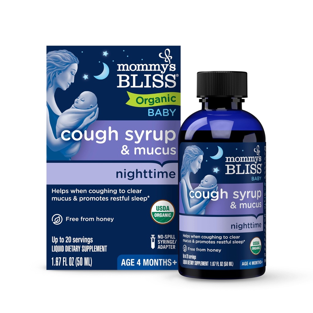 Mommy's Bliss Organic Baby Cough Syrup & Mucus Night Timeは、Babies 4 Month +、1.67流体のオンスのために作られたオーガニックアガブとアイビーリーフが含まれています。
