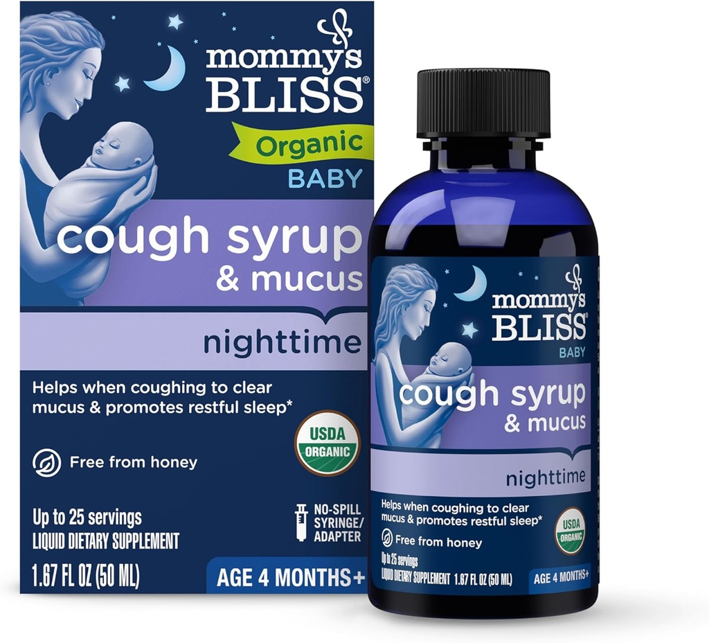 Mommy's Bliss Organic Baby Cough Syrup & Mucus Night Timeは、Babies 4 Month +、1.67流体のオンスのために作られたオーガニックアガブとアイビーリーフが含まれています。