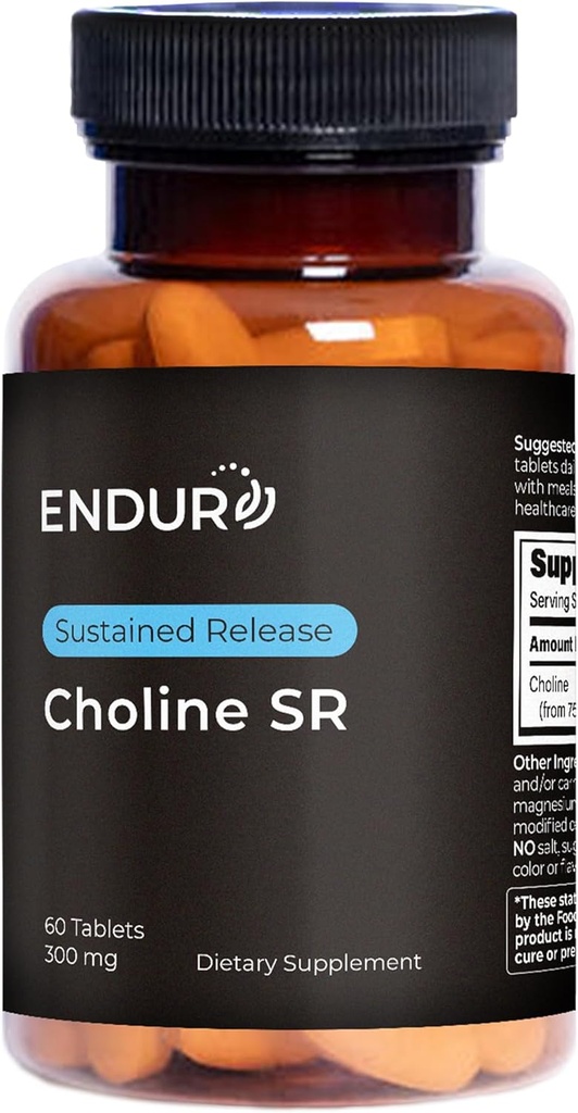 Endur Choline L(+) Bitartrate, Sustained Release Brain & Liver Support Supplement, Prenatal Safe, Vegan, Non-GMO, Gluten Free, 300mg (60 Tablets)