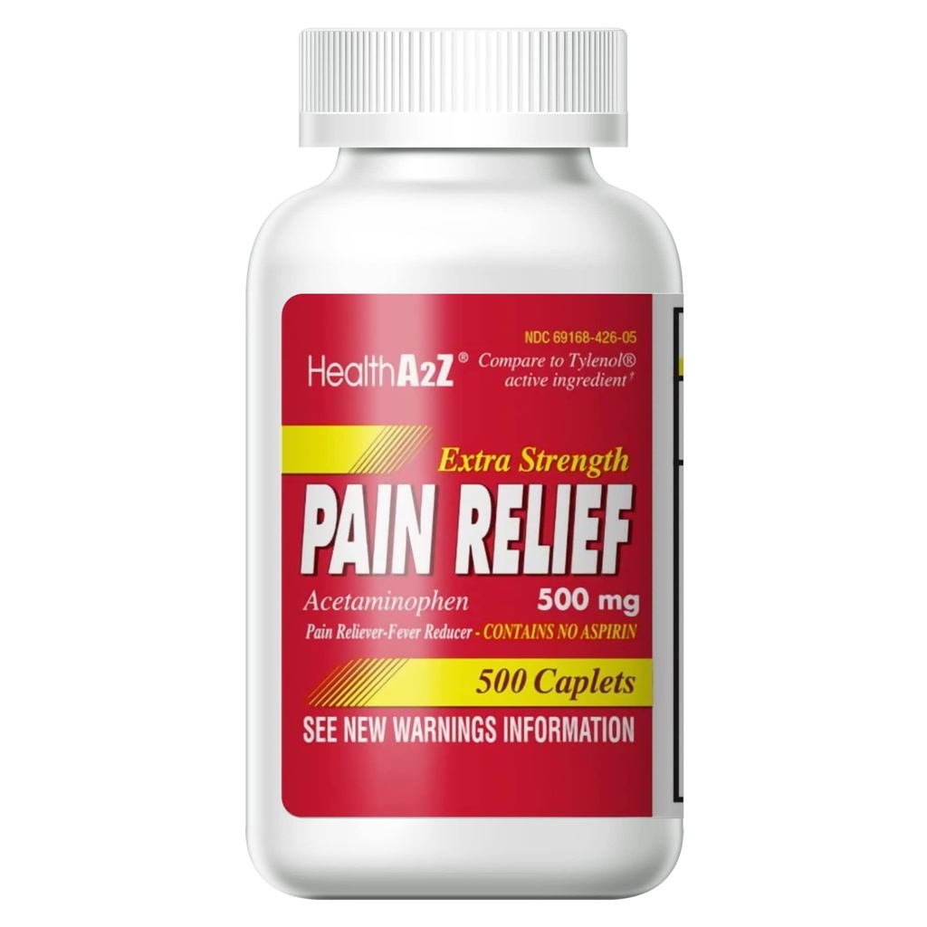 HealthA2Z® 強度の痛みの軽減 | アセトアミノフェン 500mg | アスピリンを含まない | フィーバーリバイバー | 痛みの軽減剤(500個)