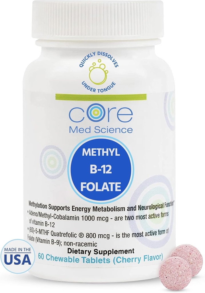 Core Med Science Methyl B12 Folate Supplement for Women & Men - 5-MTHF Pills Support Mood, Cognitive, & Heart Health - Methylfolate Vitamin B9 for Homocysteine Levels & Methylation Cycle (60 Count)
