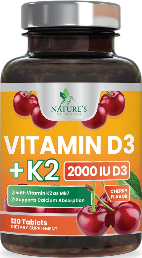 ビタミンD3 K2 2000 IUとK2(MK-7) 75 mcg - ビタミンD&ビタミンBone、Teeth、筋肉、カルシウム吸収、免疫&心臓の健康、非GMO咀嚼式 - 120錠