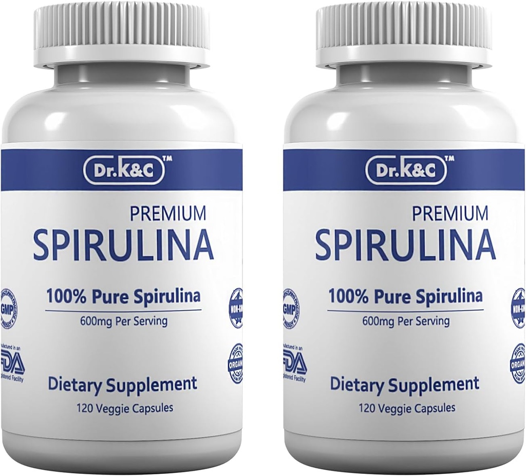 Dr.K&C Organic Spirulina Superfood Supplement – Pure Natural Blue Green Microalgae 600 mg 240 Veggie Capsules Health Immune System Antioxidants Protein Fiber No Filler Non GMO Vegan 2pk