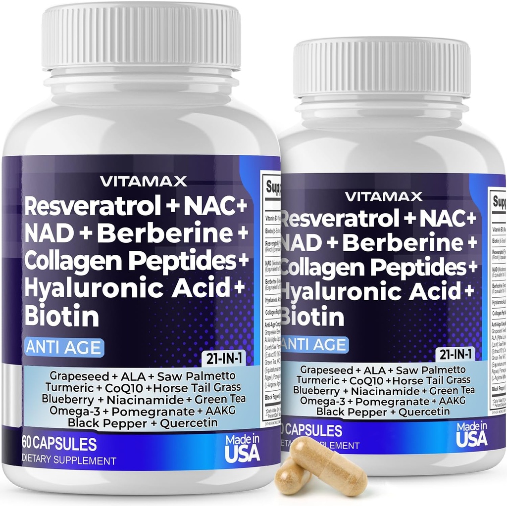 Vitamax Resveratrol NAD + Berberine Hyaluronic 酸 - バイオチン グレープ & ブルーベリー + NAC - コラーゲンペプチド - 髪、爪、皮膚、関節のサプリメント - 21-in-1 女性と男性 - アメリカ製 - 120 カウント