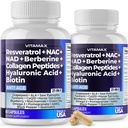 Vitamax Resveratrol NAD + Berberine Hyaluronic 酸 - バイオチン グレープ & ブルーベリー + NAC - コラーゲンペプチド - 髪、爪、皮膚、関節のサプリメント - 21-in-1 女性と男性 - アメリカ製 - 120 カウント