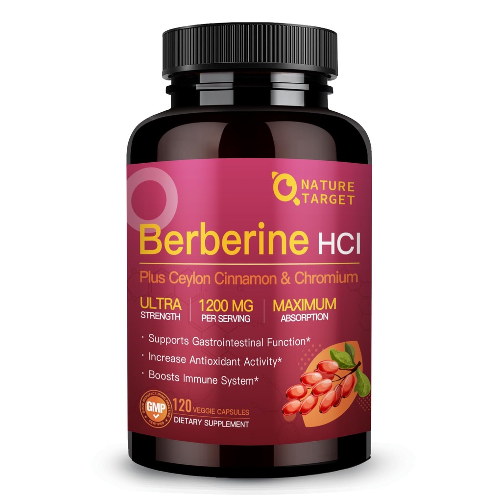 NATURE TARGET Berberine HCl 1200mg、Ceylon Cinnamon、ChromiumのBerberineの補足-サポート免疫、Gastrointestinal及び中心の健康、非GMO、120のカプセル