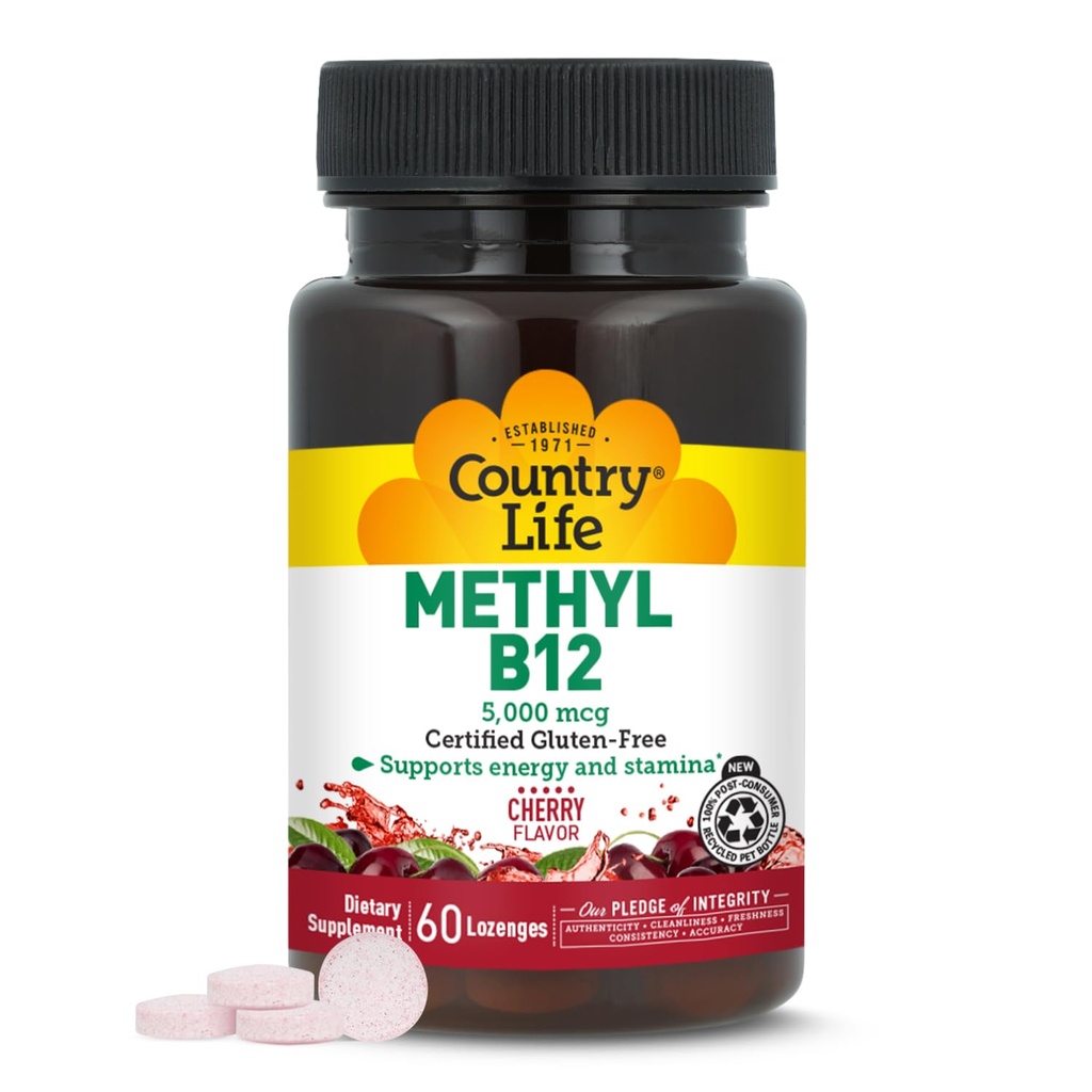 カントリーライフメチルB12, エネルギーとスタミナをサポート, 5,000mcg, 60 Lozenges, 認定グルテンフリー, 認定ビーガン, 認定非GMO認定