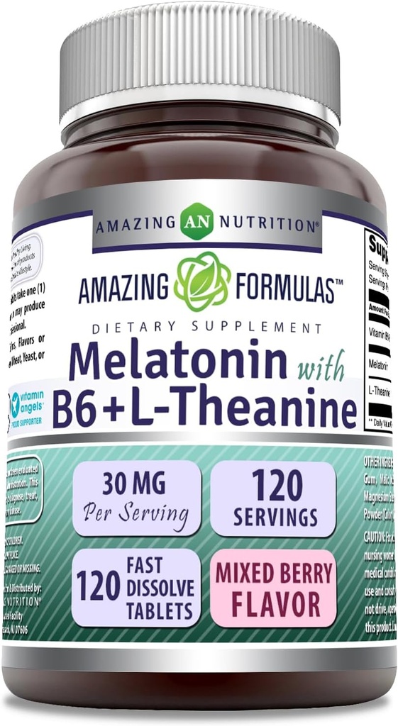 アメイジングフォーミュラ メラトニン ビタミン B6 + L-テアニン サプリメント | 30 Mg サービング | ミックスベリー風味 | 120 錠 | 非GMO | グルテンフリー | アメリカ製