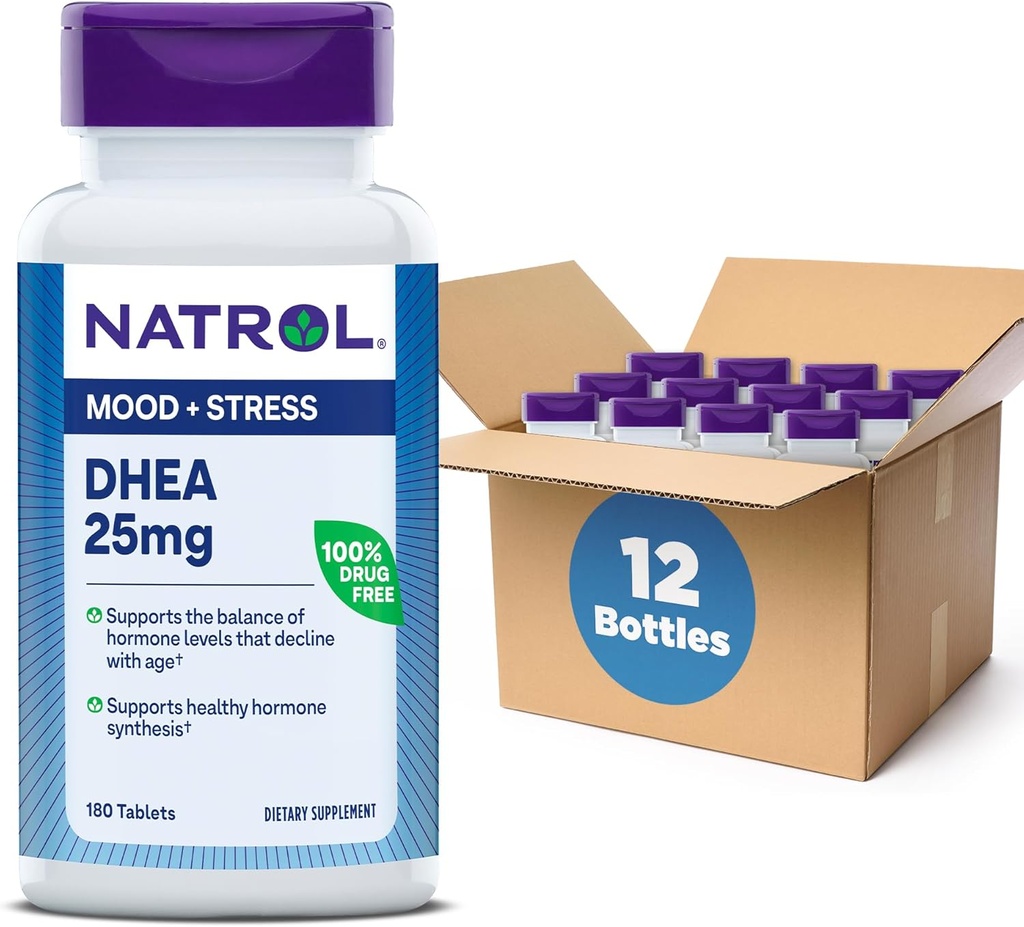 Natrol 気分 & ストレス DHEA 25カルシウムと mg, 特定のホルモンレベルと気分のサポートのバランスのためのサプリメント, 180 錠, 180 日の供給 (パック 12)