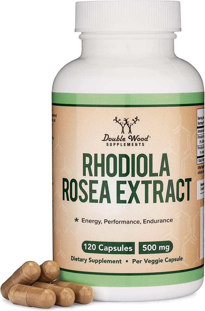 Rhodiola rosea サプリメント 500 mg, 120 ビーガンカプセル (三党テスト, グルテンフリーグルテン, 3% サリドロシド, 1% Rosavins エキス) パフォーマンス,  Calming, ダブルウッドによる動機付け