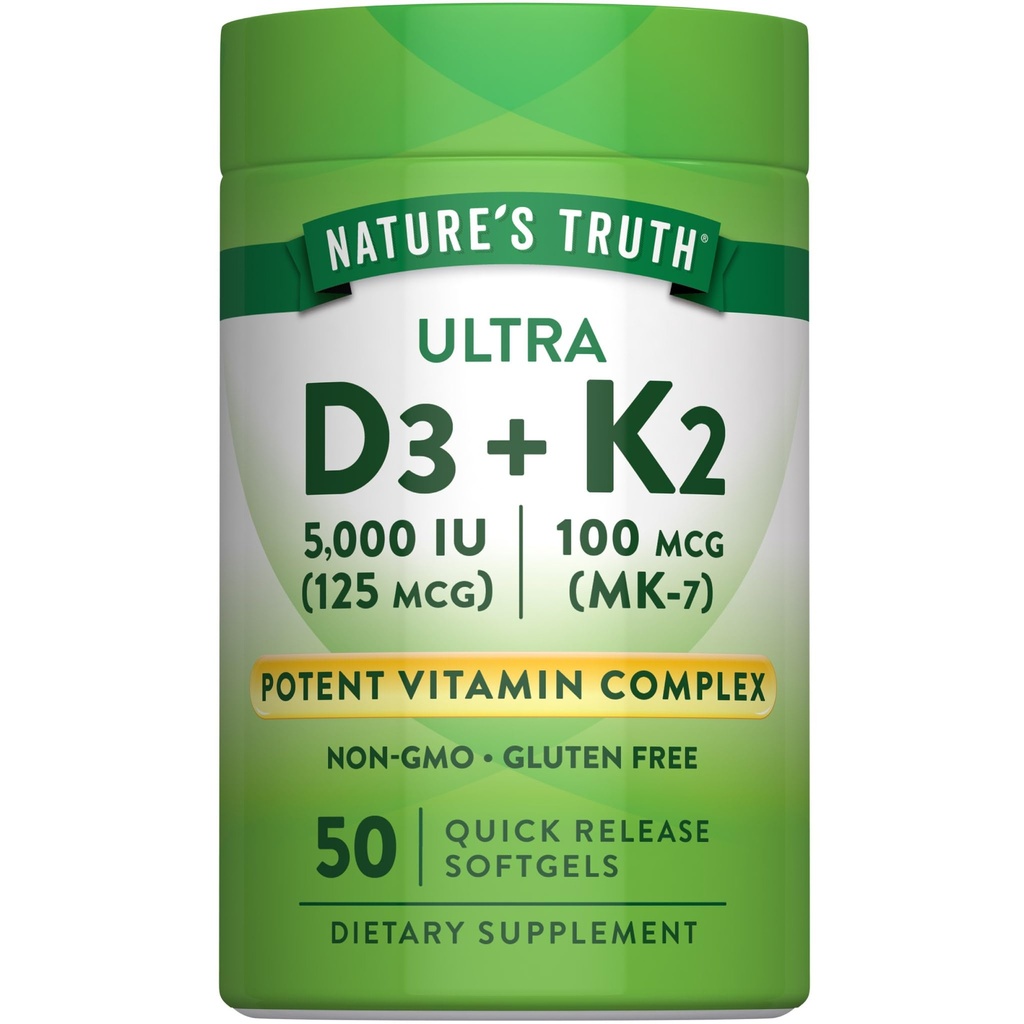 Nature's Truth Vitamin K2 MK7コンプレックス | 100 mcg | 50 Softgels | with D3 | 非GMO&グルテンフリーサプリメント