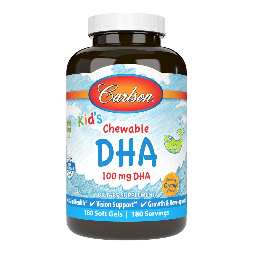 Carlson - Kid's Chewable DHA、100 mg DHA、脳の健康、ビジョン機能、成長&開発、オレンジ、180のChewable Softgels