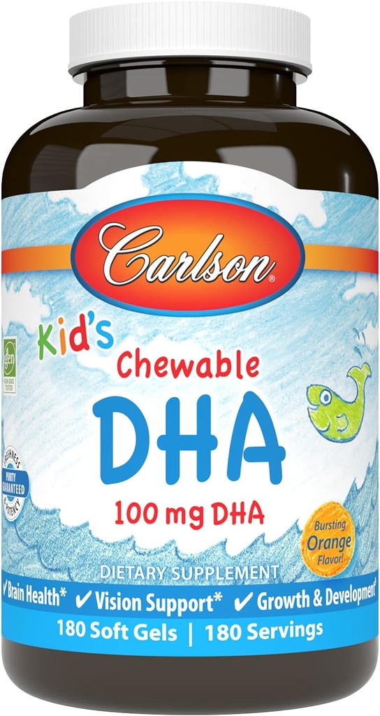 Carlson - Kid's Chewable DHA、100 mg DHA、脳の健康、ビジョン機能、成長&開発、オレンジ、180のChewable Softgels