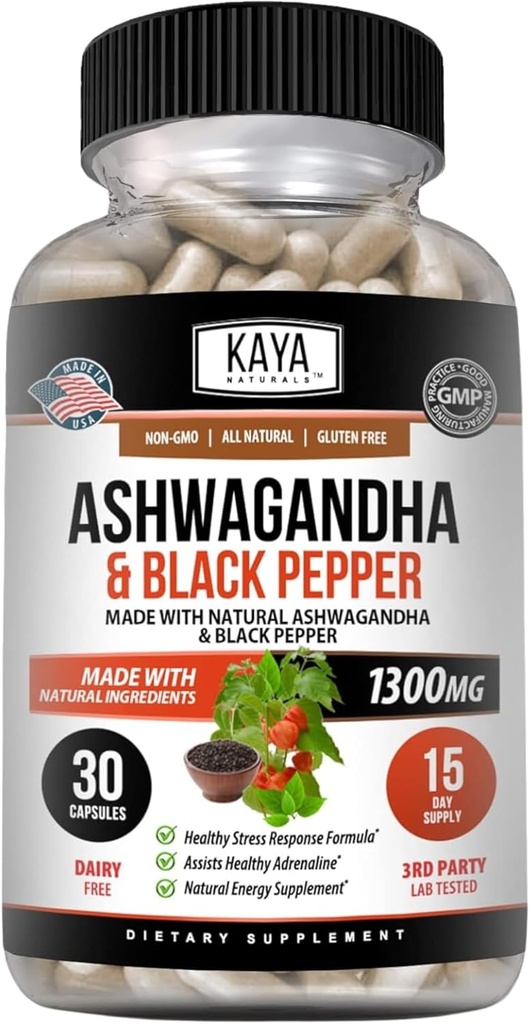 Kaya Naturals Ashwagandha Root with ブラックペッパー | 最大強度1300mg適応性サプリメント、サポートアレンシャル、腺の健康、気分の軽減、フォーカス、エネルギー&女性のための死亡率