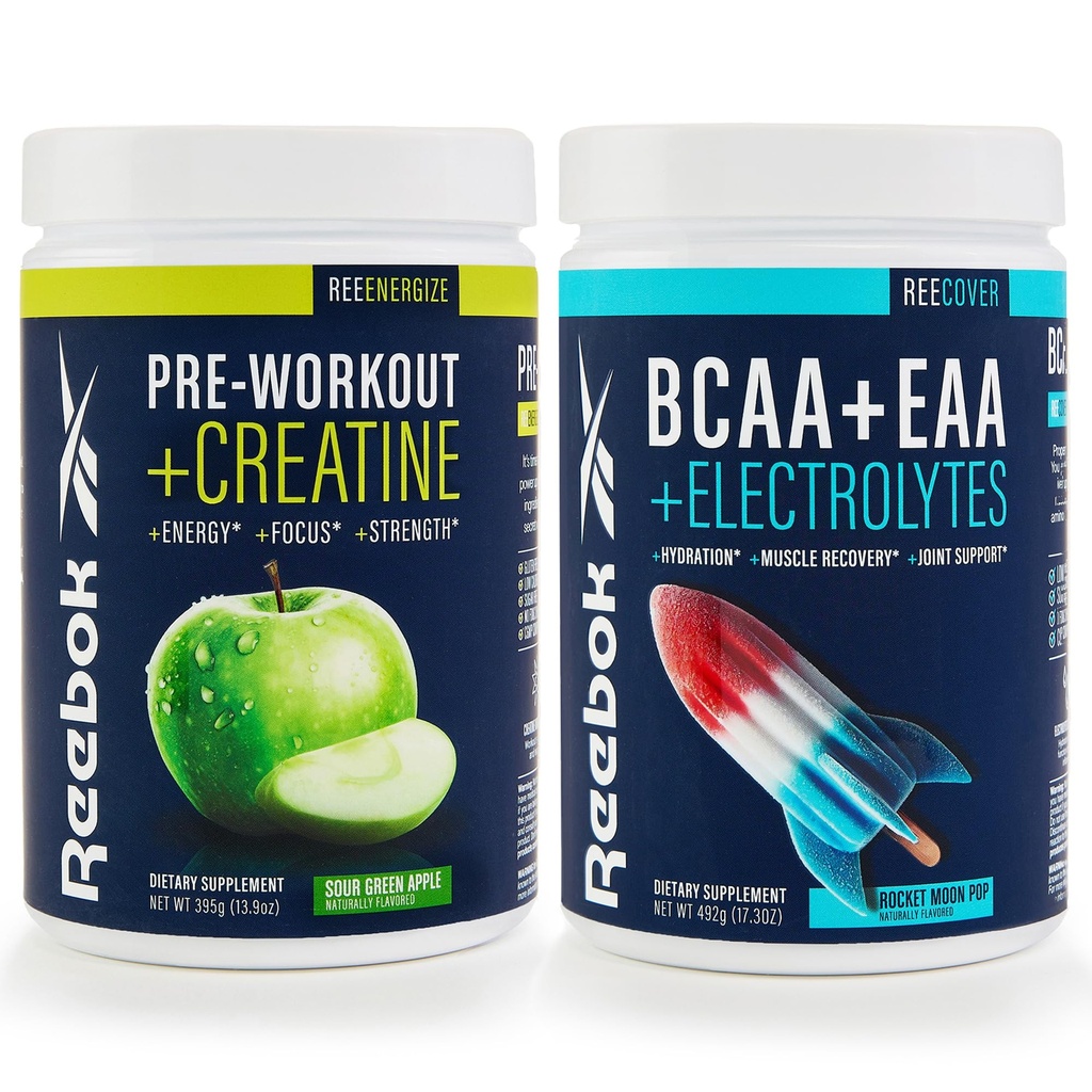 Reebok Reeenergize & ReECover Bundle | プレワークアウト + BCAA パフォーマンスパック | サワーグリーンアップル&ロケットムーンポップ | 完全トレーニングシステム